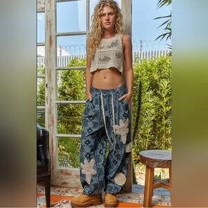 POL Blue Patterned Pants with Cream Accents